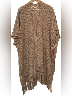 Anthropologie Akemi + Kin Open Knit Kimono Ruana Cardigan Rose Fringe One Size